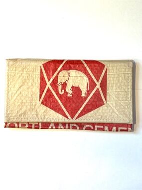 Beige and Red Elephant Print Clutch/Wallet made w recycled carrier bags